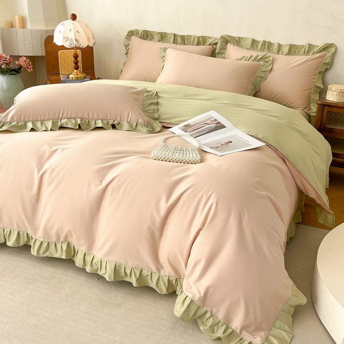 91家纺网 家纺一手货源 找家纺 艾迪尚家纺 2026新款法式韩版荷叶边纯色长绒棉单品枕套系列 青提絮语