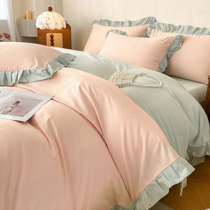 91家纺网 家纺一手货源 找家纺 艾迪尚家纺 2026新款法式韩版荷叶边纯色长绒棉单品枕套系列 柔杏浅绿