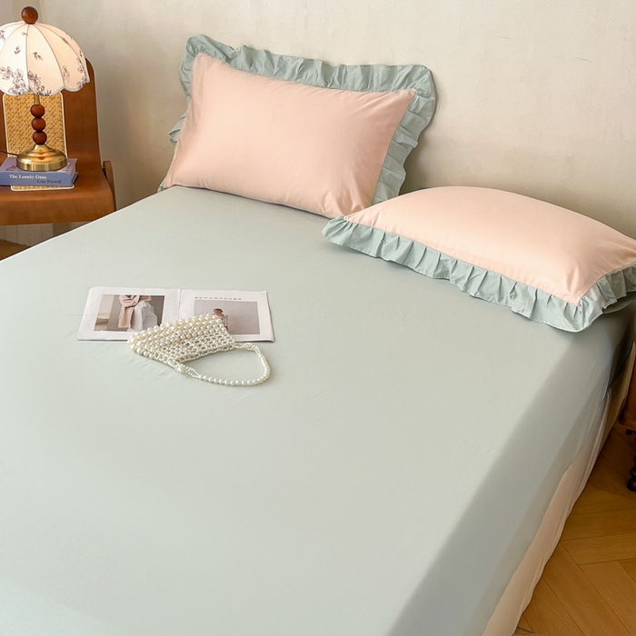 91家纺网 家纺一手货源 找家纺 艾迪尚家纺 2026新款法式韩版荷叶边纯色长绒棉单品枕套系列 柔杏浅绿