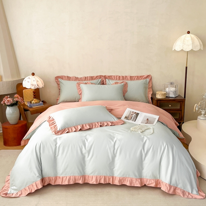 91家纺网 家纺一手货源 找家纺 艾迪尚家纺 2026新款法式韩版荷叶边纯色长绒棉单品枕套系列 瑞绿慕斯粉