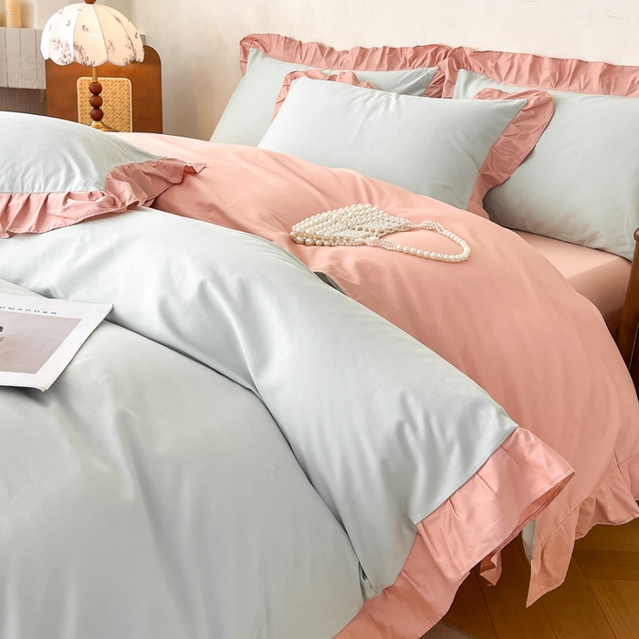 91家纺网 家纺一手货源 找家纺 艾迪尚家纺 2026新款法式韩版荷叶边纯色长绒棉单品枕套系列 瑞绿慕斯粉