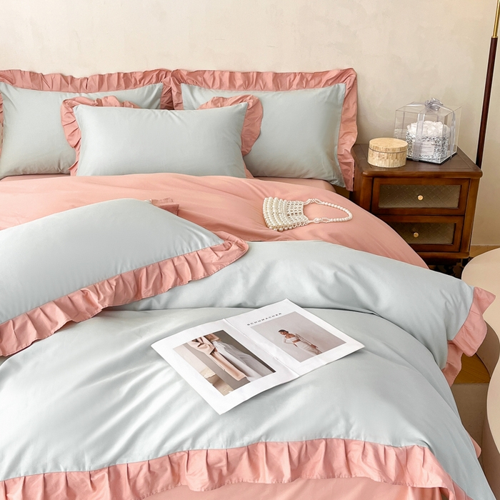 91家纺网 家纺一手货源 找家纺 艾迪尚家纺 2026新款法式韩版荷叶边纯色长绒棉单品枕套系列 瑞绿慕斯粉