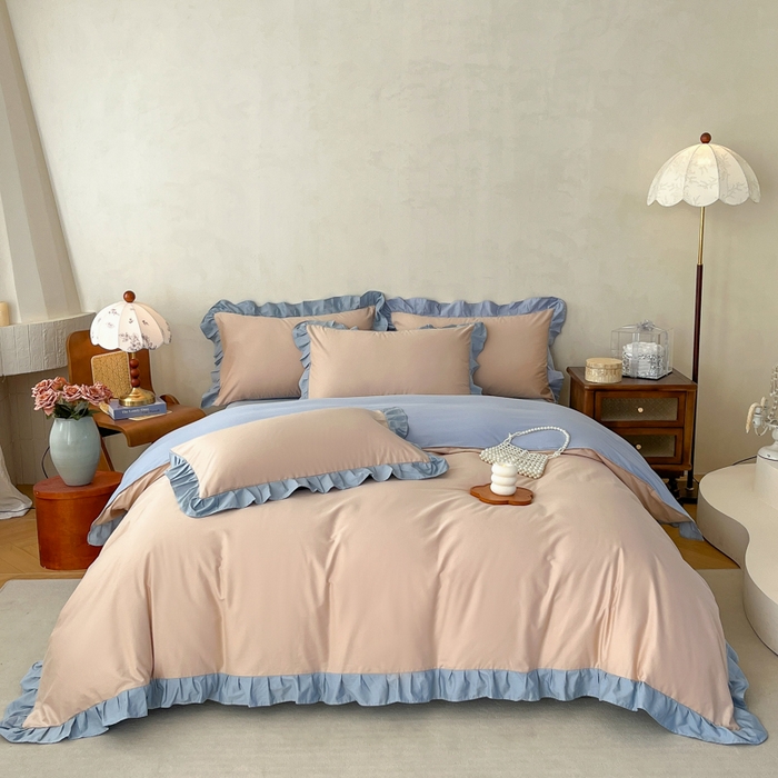 91家纺网 家纺一手货源 找家纺 艾迪尚家纺 2026新款法式韩版荷叶边纯色长绒棉单品枕套系列 雾蓝杏语