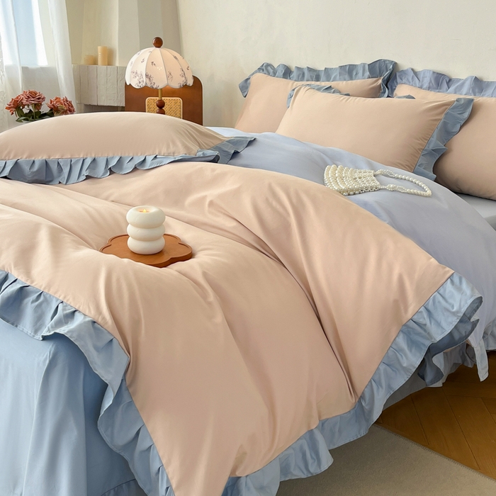 91家纺网 家纺一手货源 找家纺 艾迪尚家纺 2026新款法式韩版荷叶边纯色长绒棉单品枕套系列 雾蓝杏语