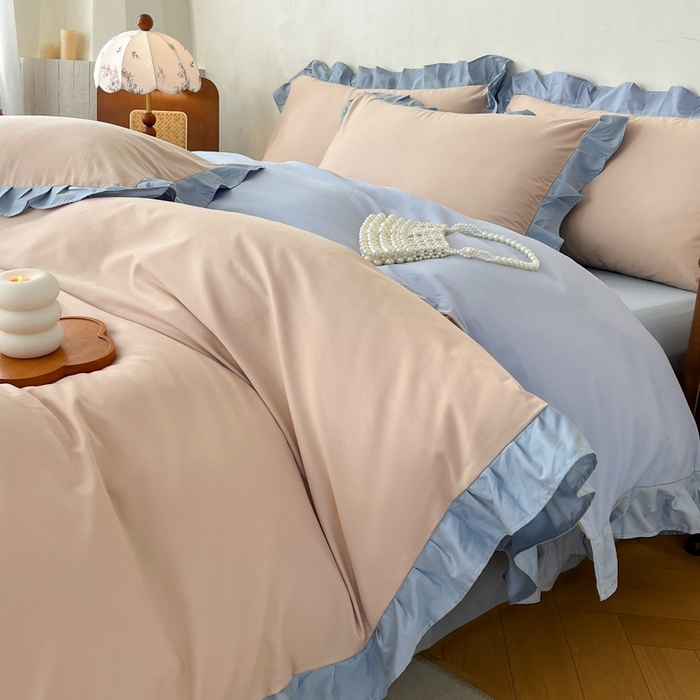 91家纺网 家纺一手货源 找家纺 艾迪尚家纺 2026新款法式韩版荷叶边纯色长绒棉单品枕套系列 雾蓝杏语