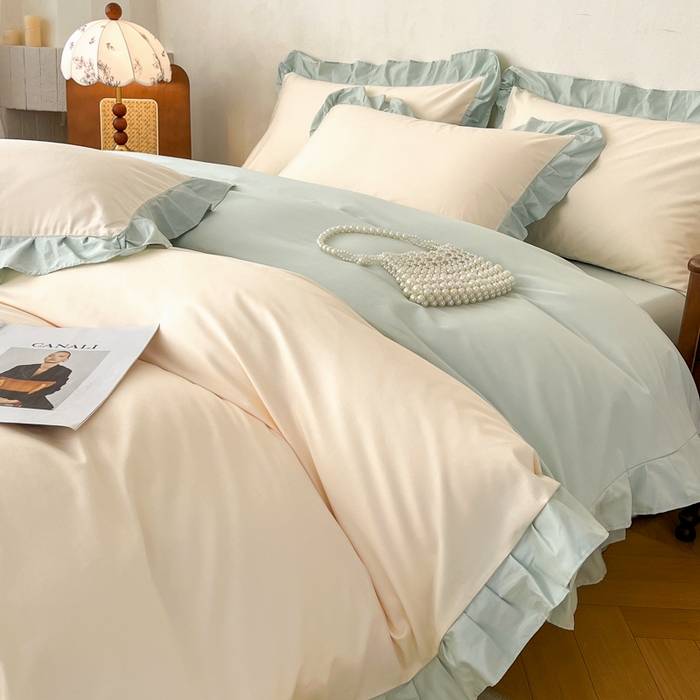 91家纺网 家纺一手货源 找家纺 艾迪尚家纺 2026新款法式韩版荷叶边纯色长绒棉单品枕套系列 云白芽绿