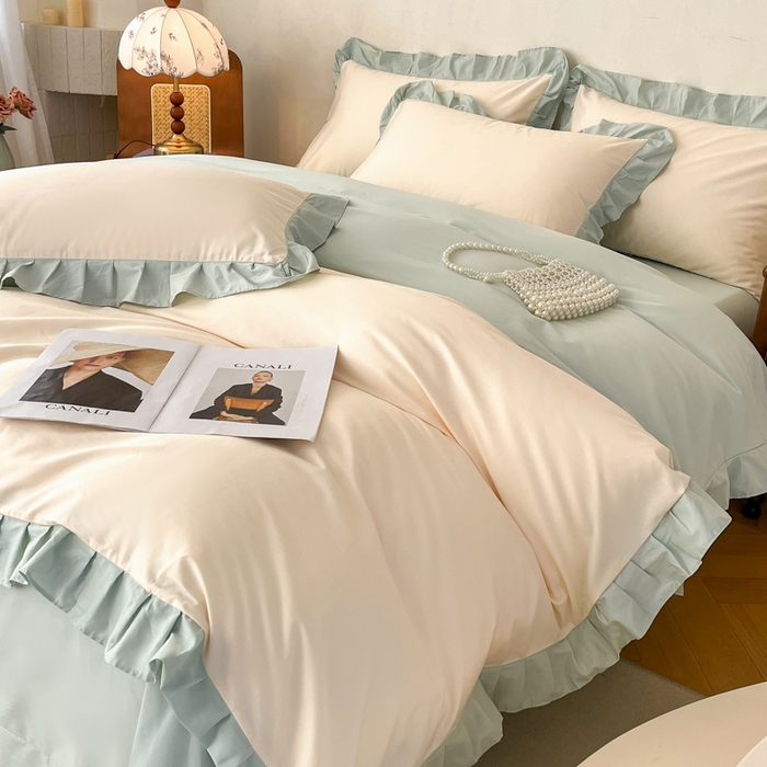 91家纺网 家纺一手货源 找家纺 艾迪尚家纺 2026新款法式韩版荷叶边纯色长绒棉单品枕套系列 云白芽绿