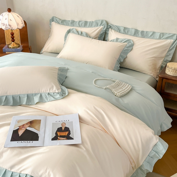 91家纺网 家纺一手货源 找家纺 艾迪尚家纺 2026新款法式韩版荷叶边纯色长绒棉单品枕套系列 云白芽绿