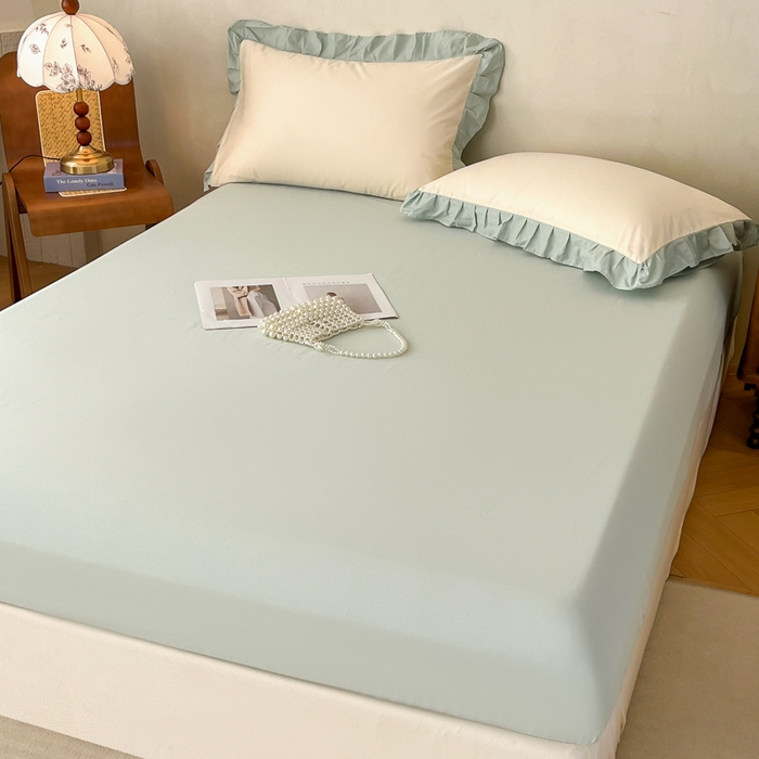 91家纺网 家纺一手货源 找家纺 艾迪尚家纺 2026新款法式韩版荷叶边纯色长绒棉单品枕套系列 云白芽绿