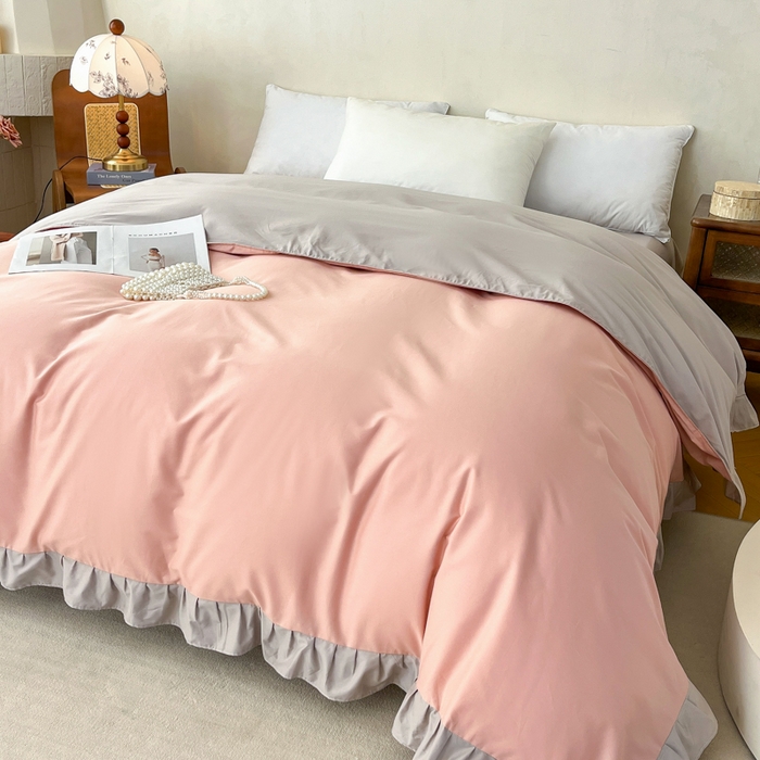 91家纺网 家纺一手货源 找家纺 艾迪尚家纺 2026新款法式韩版荷叶边纯色长绒棉单品枕套系列 云灰仙女粉