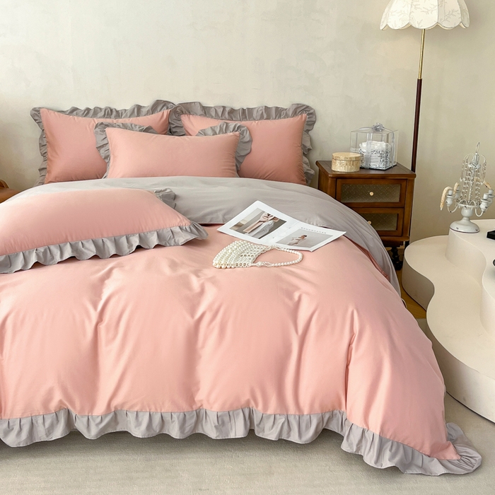 91家纺网 家纺一手货源 找家纺 艾迪尚家纺 2026新款法式韩版荷叶边纯色长绒棉单品枕套系列 云灰仙女粉