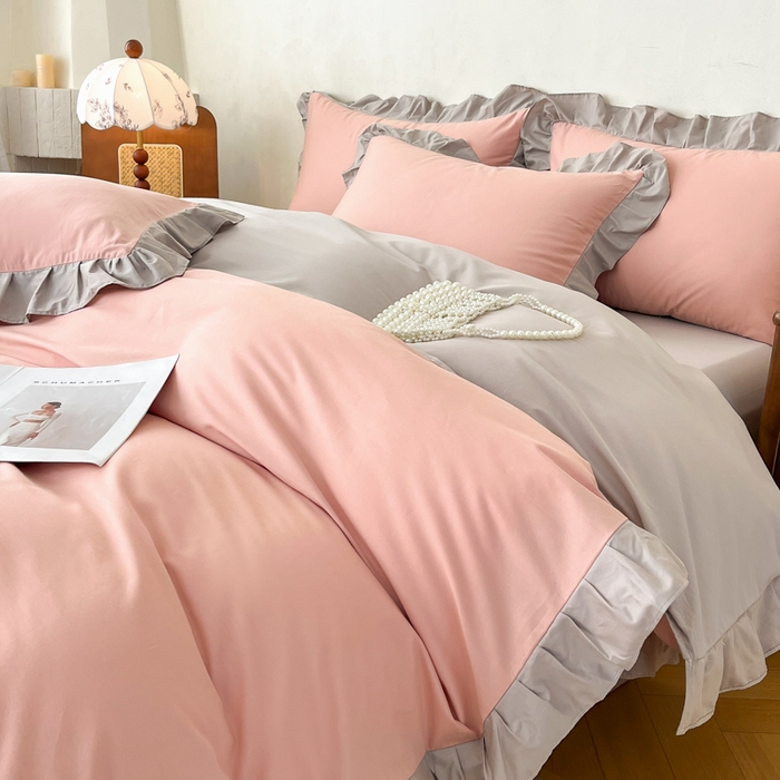 91家纺网 家纺一手货源 找家纺 艾迪尚家纺 2026新款法式韩版荷叶边纯色长绒棉单品枕套系列 云灰仙女粉