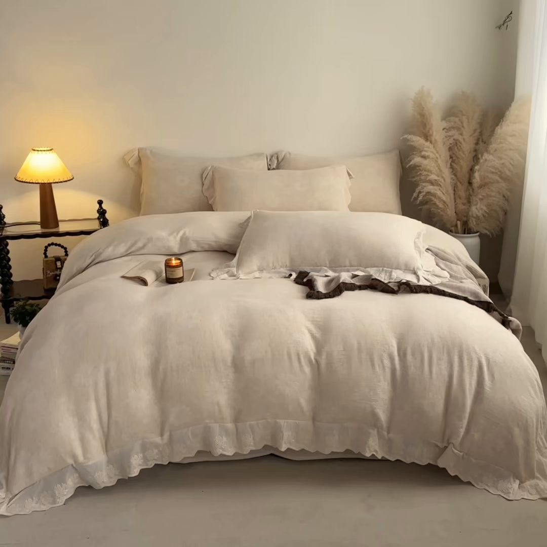 91家纺网 家纺一手货源 找家纺 （总）KA家纺 2026春夏新款色织提花棉麻四件套花边款