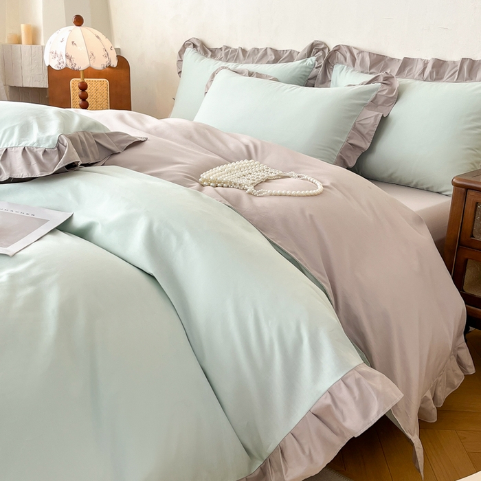 91家纺网 家纺一手货源 找家纺 艾迪尚家纺 2026新款法式韩版荷叶边纯色长绒棉四件套 薄荷青灰