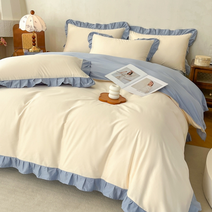 艾迪尚家纺 2026新款法式韩版荷叶边纯色长绒棉四件套 冰川蓝香草白