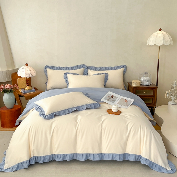 91家纺网 家纺一手货源 找家纺 艾迪尚家纺 2026新款法式韩版荷叶边纯色长绒棉四件套 冰川蓝香草白