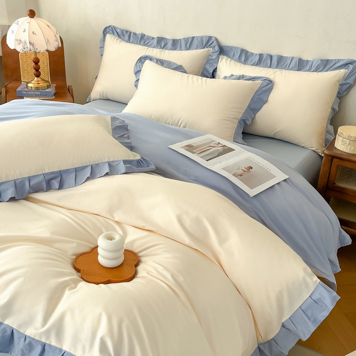 91家纺网 家纺一手货源 找家纺 艾迪尚家纺 2026新款法式韩版荷叶边纯色长绒棉四件套 冰川蓝香草白