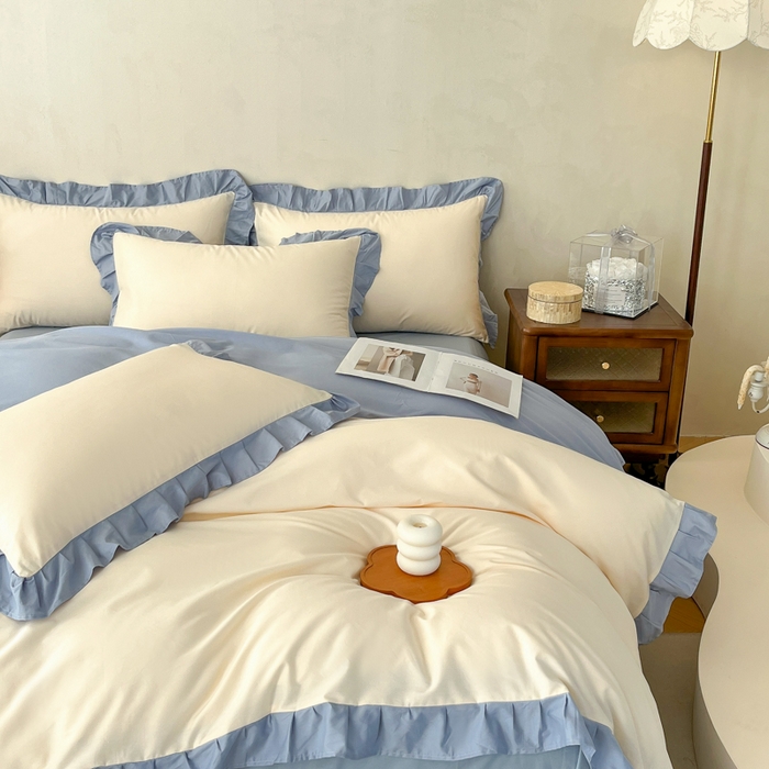 91家纺网 家纺一手货源 找家纺 艾迪尚家纺 2026新款法式韩版荷叶边纯色长绒棉四件套 冰川蓝香草白