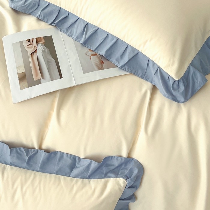 91家纺网 家纺一手货源 找家纺 艾迪尚家纺 2026新款法式韩版荷叶边纯色长绒棉四件套 冰川蓝香草白