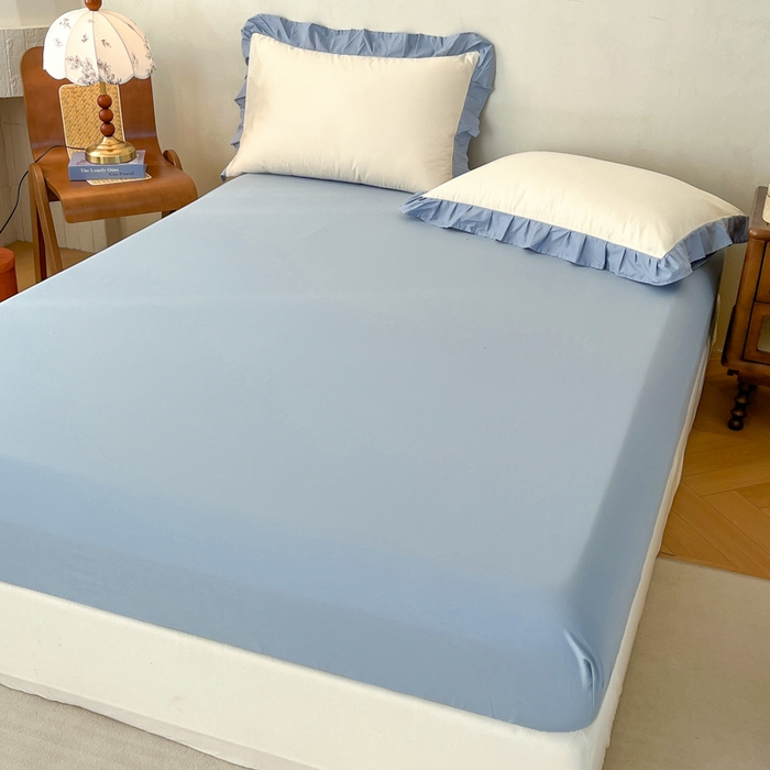 91家纺网 家纺一手货源 找家纺 艾迪尚家纺 2026新款法式韩版荷叶边纯色长绒棉四件套 冰川蓝香草白