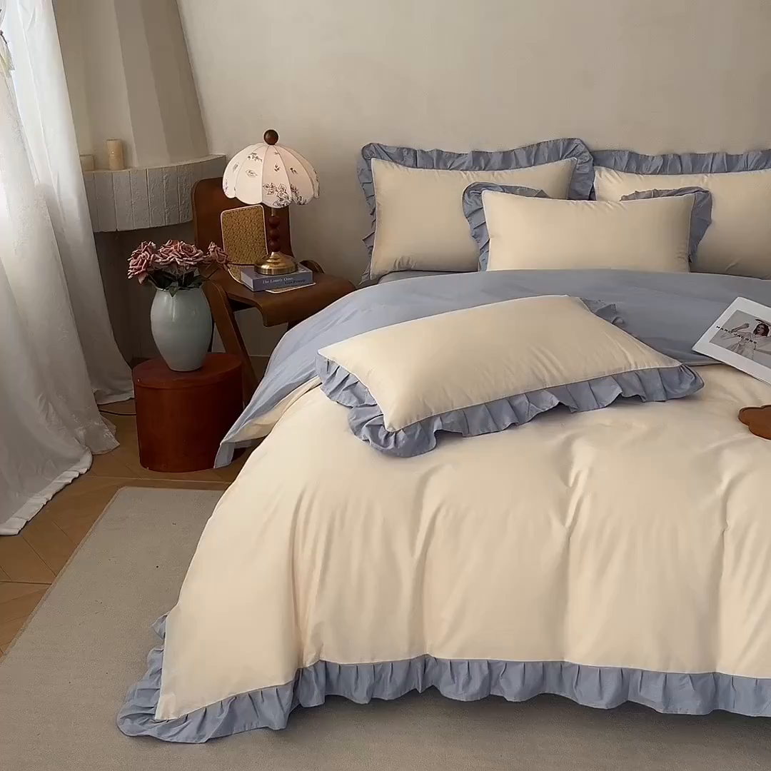 91家纺网 家纺一手货源 找家纺 艾迪尚家纺 2026新款法式韩版荷叶边纯色长绒棉四件套 冰川蓝香草白