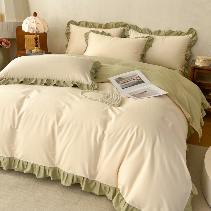 艾迪尚家纺 2026新款法式韩版荷叶边纯色长绒棉四件套 茉绿奶芙