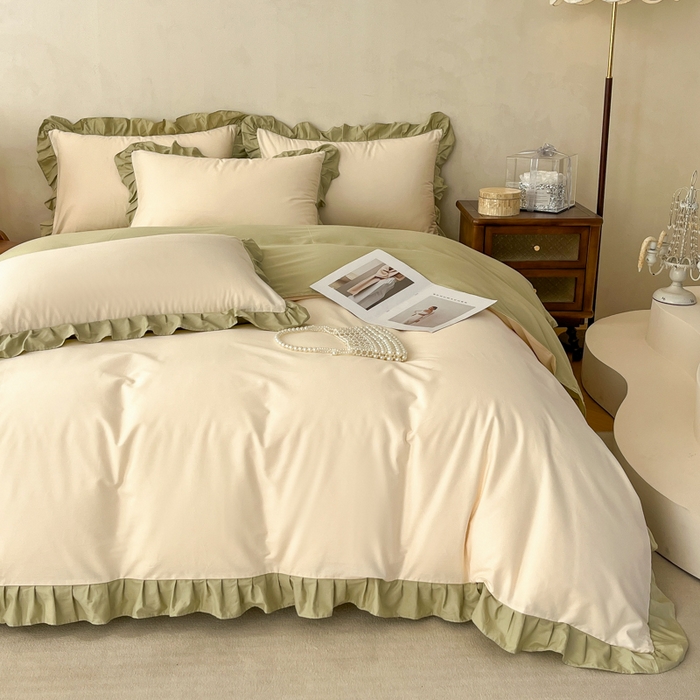 91家纺网 家纺一手货源 找家纺 艾迪尚家纺 2026新款法式韩版荷叶边纯色长绒棉四件套 茉绿奶芙