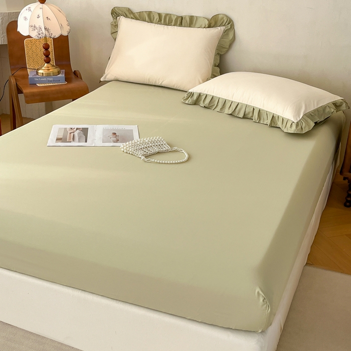 91家纺网 家纺一手货源 找家纺 艾迪尚家纺 2026新款法式韩版荷叶边纯色长绒棉四件套 茉绿奶芙