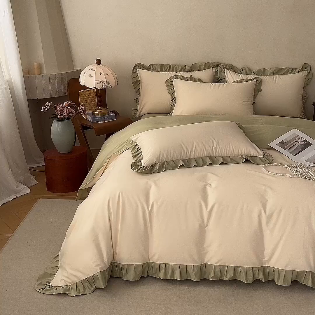 91家纺网 家纺一手货源 找家纺 艾迪尚家纺 2026新款法式韩版荷叶边纯色长绒棉四件套 茉绿奶芙