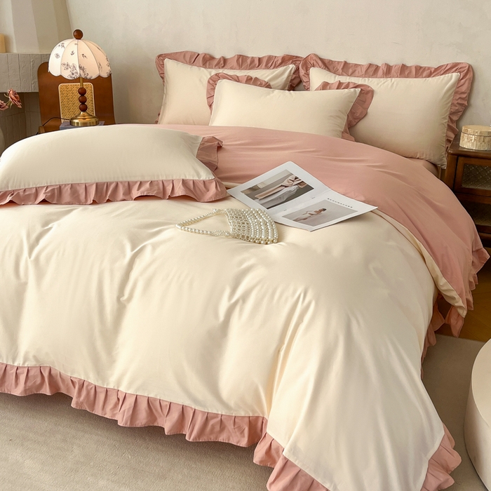 艾迪尚家纺 2026新款法式韩版荷叶边纯色长绒棉四件套 奶芙慕粉