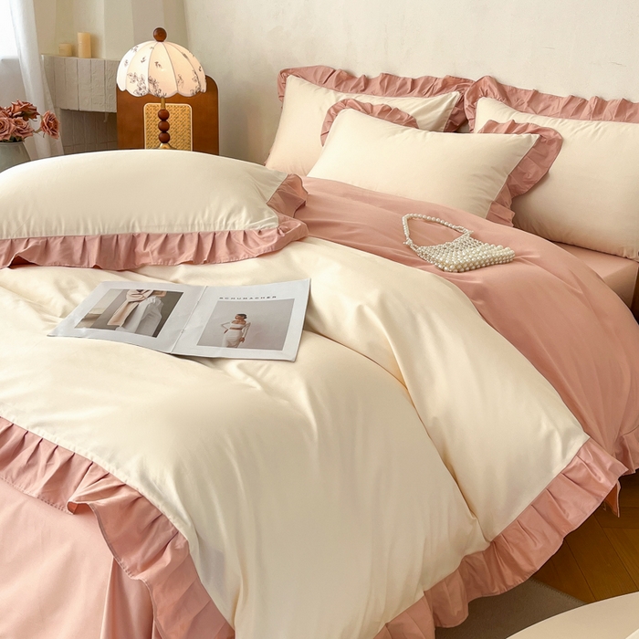 91家纺网 家纺一手货源 找家纺 艾迪尚家纺 2026新款法式韩版荷叶边纯色长绒棉四件套 奶芙慕粉