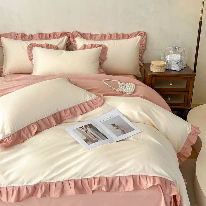 91家纺网 家纺一手货源 找家纺 艾迪尚家纺 2026新款法式韩版荷叶边纯色长绒棉四件套 奶芙慕粉