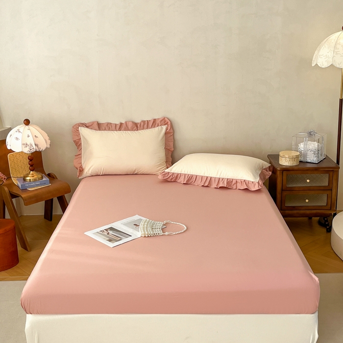 91家纺网 家纺一手货源 找家纺 艾迪尚家纺 2026新款法式韩版荷叶边纯色长绒棉四件套 奶芙慕粉