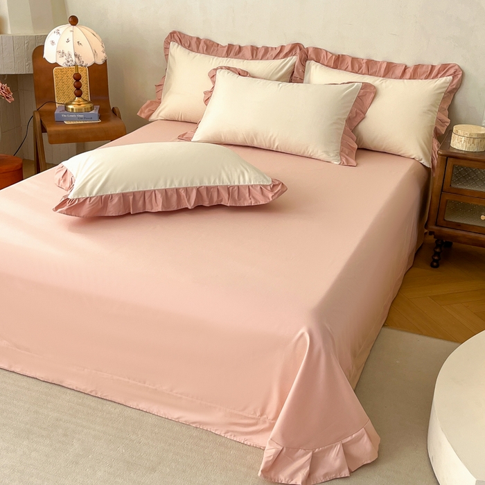 91家纺网 家纺一手货源 找家纺 艾迪尚家纺 2026新款法式韩版荷叶边纯色长绒棉四件套 奶芙慕粉