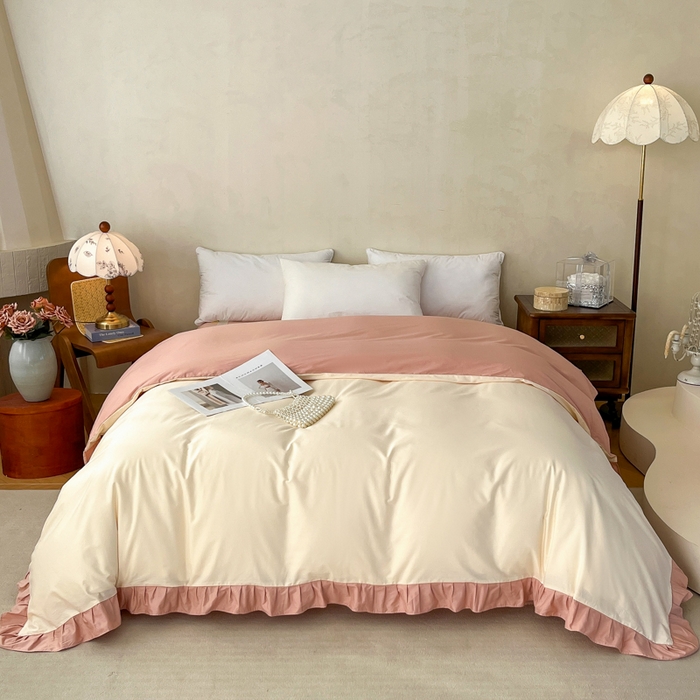 91家纺网 家纺一手货源 找家纺 艾迪尚家纺 2026新款法式韩版荷叶边纯色长绒棉四件套 奶芙慕粉