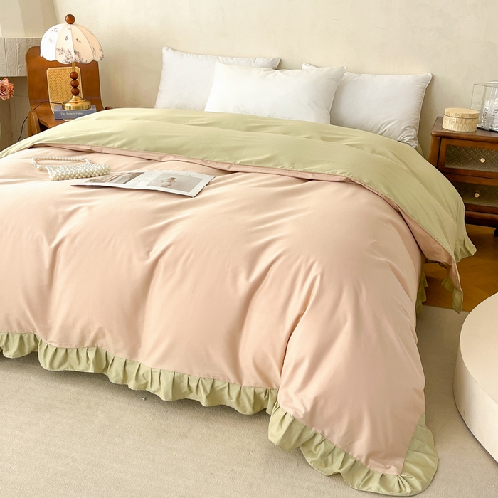 91家纺网 家纺一手货源 找家纺 艾迪尚家纺 2026新款法式韩版荷叶边纯色长绒棉四件套 青提絮语