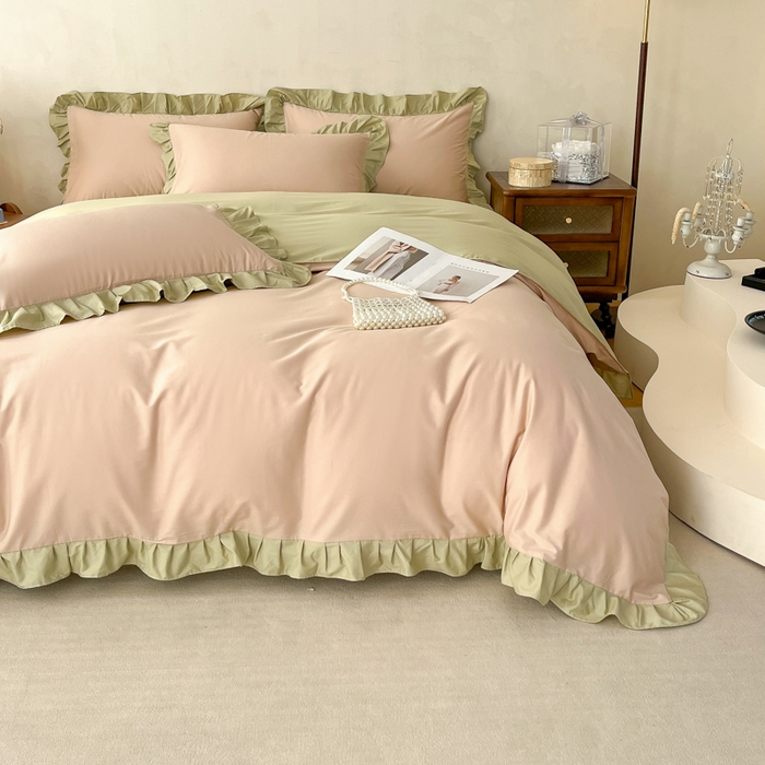 91家纺网 家纺一手货源 找家纺 艾迪尚家纺 2026新款法式韩版荷叶边纯色长绒棉四件套 青提絮语