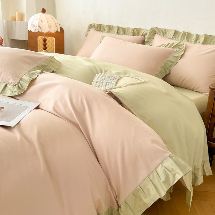 91家纺网 家纺一手货源 找家纺 艾迪尚家纺 2026新款法式韩版荷叶边纯色长绒棉四件套 青提絮语