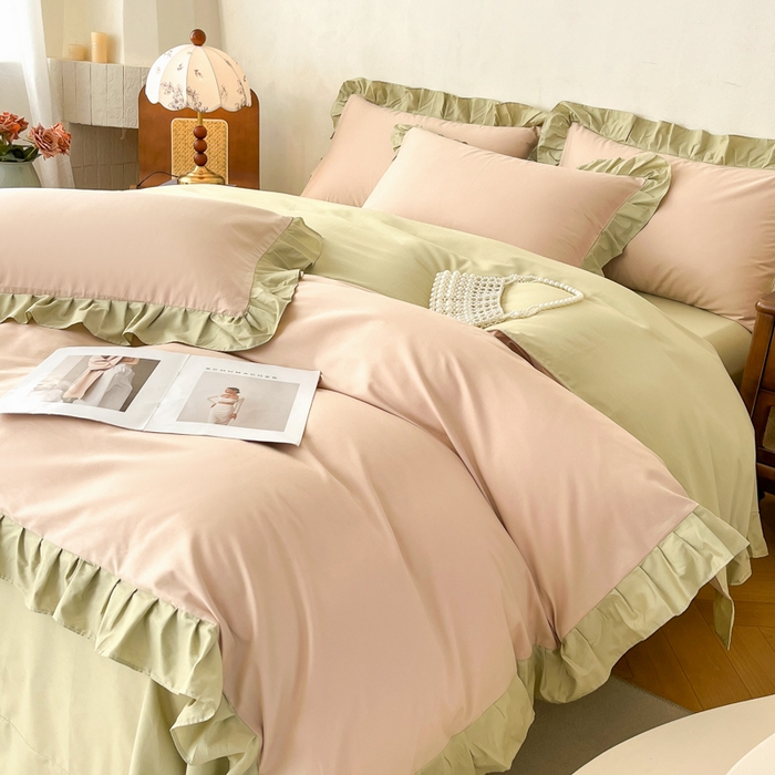 91家纺网 家纺一手货源 找家纺 艾迪尚家纺 2026新款法式韩版荷叶边纯色长绒棉四件套 青提絮语