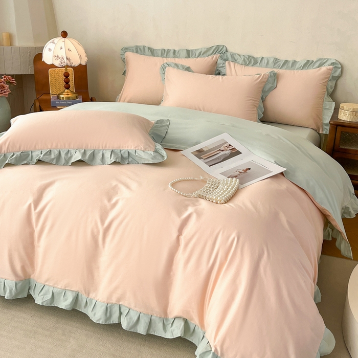 艾迪尚家纺 2026新款法式韩版荷叶边纯色长绒棉四件套 柔杏浅绿