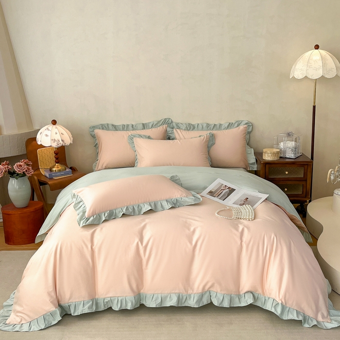 91家纺网 家纺一手货源 找家纺 艾迪尚家纺 2026新款法式韩版荷叶边纯色长绒棉四件套 柔杏浅绿