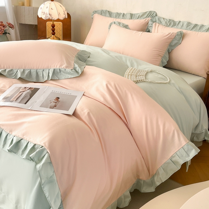 91家纺网 家纺一手货源 找家纺 艾迪尚家纺 2026新款法式韩版荷叶边纯色长绒棉四件套 柔杏浅绿