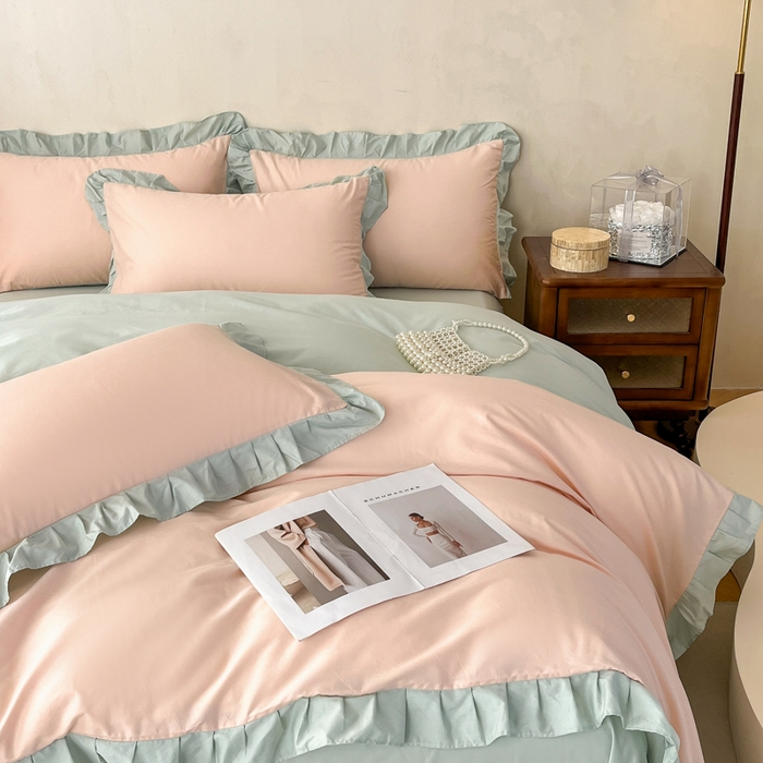 91家纺网 家纺一手货源 找家纺 艾迪尚家纺 2026新款法式韩版荷叶边纯色长绒棉四件套 柔杏浅绿