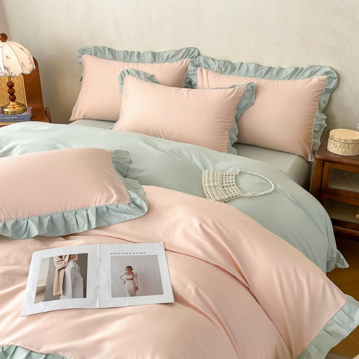 91家纺网 家纺一手货源 找家纺 艾迪尚家纺 2026新款法式韩版荷叶边纯色长绒棉四件套 柔杏浅绿