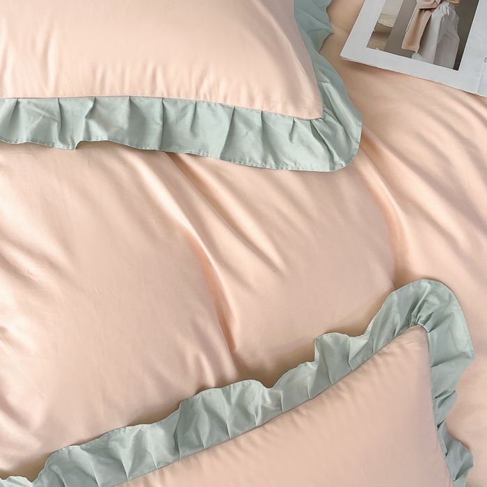 91家纺网 家纺一手货源 找家纺 艾迪尚家纺 2026新款法式韩版荷叶边纯色长绒棉四件套 柔杏浅绿