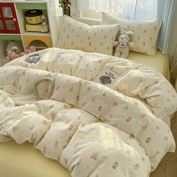 91家纺网 家纺一手货源 找家纺 爱思佳 2026新款全棉纯棉双层纱基款系列四件套 可爱星人