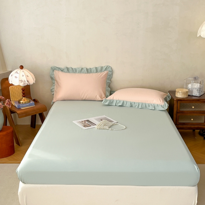 91家纺网 家纺一手货源 找家纺 艾迪尚家纺 2026新款法式韩版荷叶边纯色长绒棉四件套 柔杏浅绿