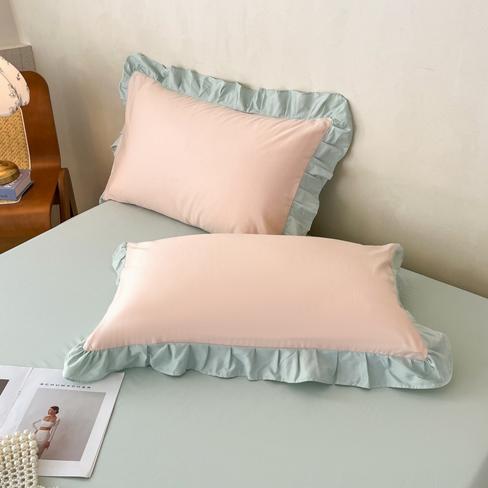 91家纺网 家纺一手货源 找家纺 艾迪尚家纺 2026新款法式韩版荷叶边纯色长绒棉四件套 柔杏浅绿