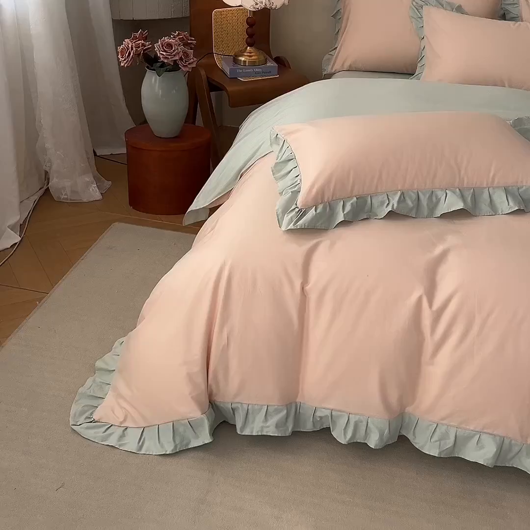 91家纺网 家纺一手货源 找家纺 艾迪尚家纺 2026新款法式韩版荷叶边纯色长绒棉四件套 柔杏浅绿