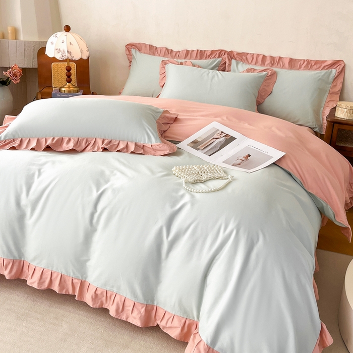 艾迪尚家纺 2026新款法式韩版荷叶边纯色长绒棉四件套 瑞绿慕斯粉